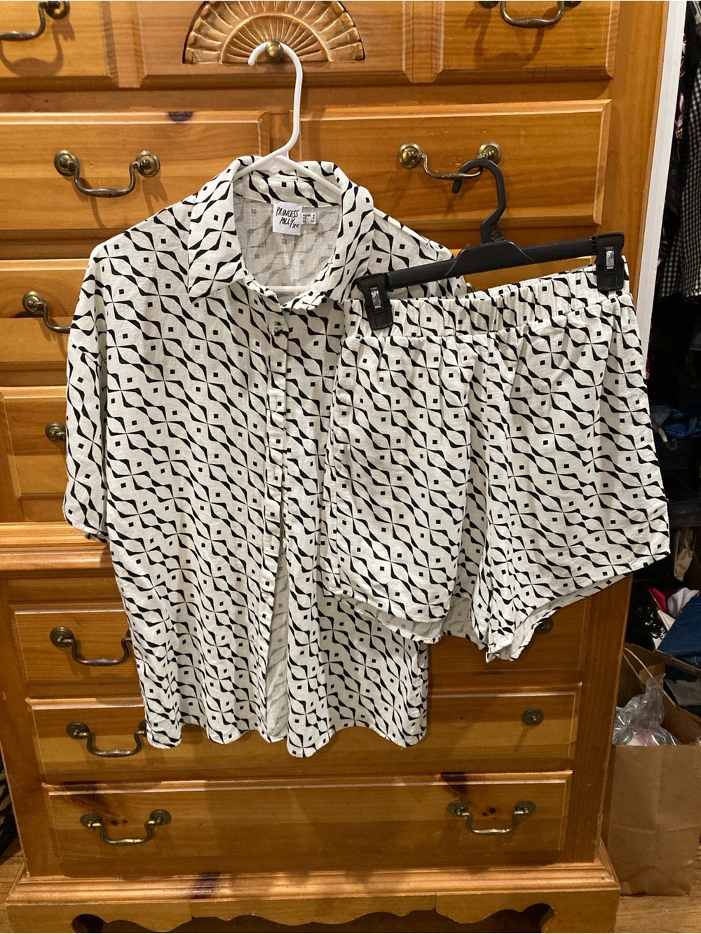 Princess Polly White and Black Patterned Button-Down Top and Shorts Matching Set